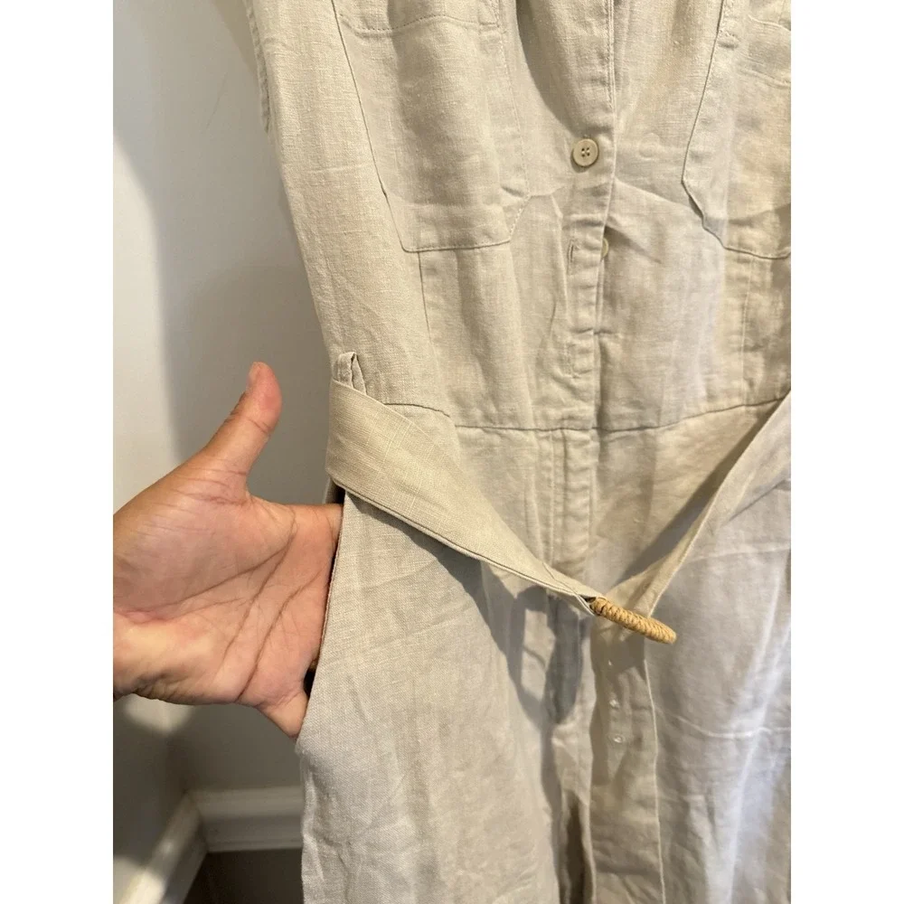 MANGO Womens Linen Belted Jumpsuit Beige Khaki Utility Cap Sleeve Wide Leg Med